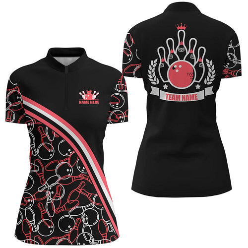 Personalized bowling Quarter Zip shirts for women Custom name black red bowling pattern team shirts NQS6533