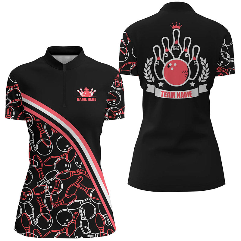 Personalized bowling Quarter Zip shirts for women Custom name black red bowling pattern team shirts NQS6533