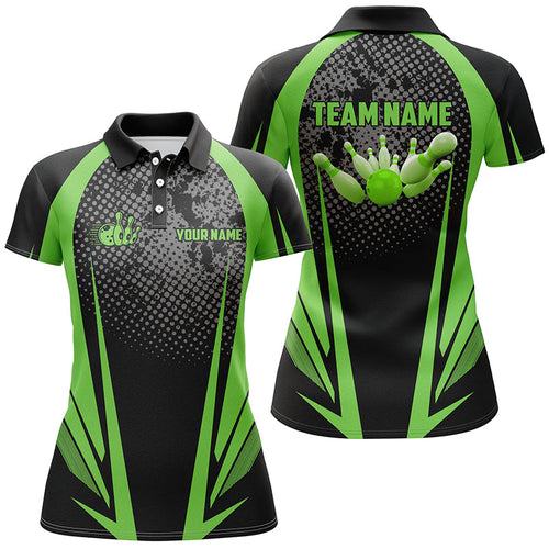 Women's Bowling polo Shirt Custom bowling ball and pins black and green team ladies Bowlers Jerseys NQS7147