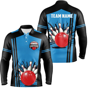 Mens polo bowling shirts Custom black and blue retro Bowling Team Jersey, gift for team Bowlers NQS7149