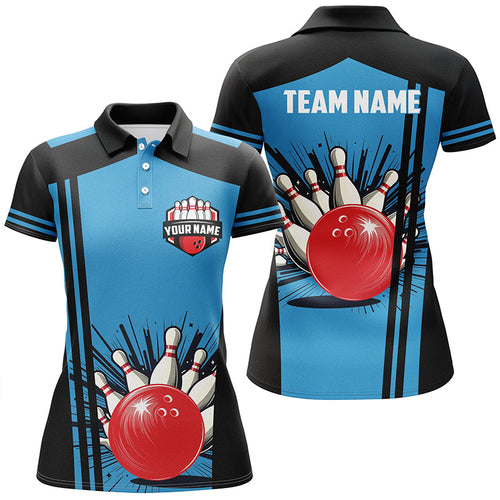 Womens polo bowling shirts Custom black and blue retro Bowling Team Jersey, gift for team Bowlers NQS7149