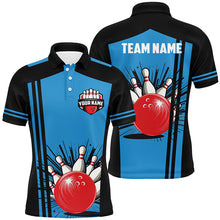 Load image into Gallery viewer, Mens polo bowling shirts Custom black and blue retro Bowling Team Jersey, gift for team Bowlers NQS7149