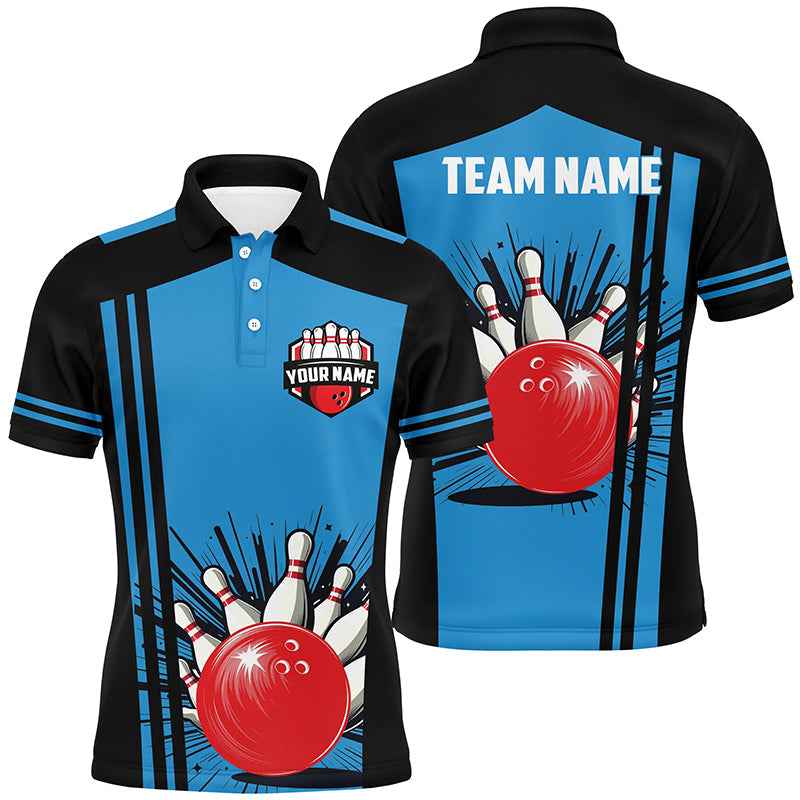 Mens polo bowling shirts Custom black and blue retro Bowling Team Jersey, gift for team Bowlers NQS7149