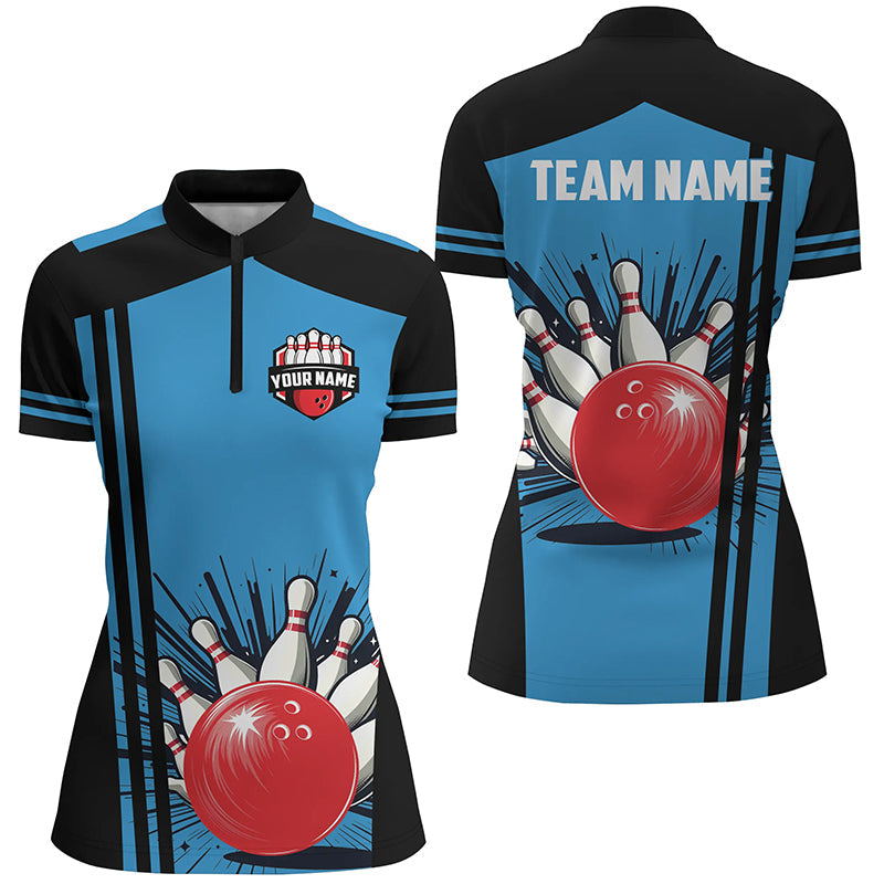 Womens bowling Quarter Zip shirt Custom black and blue retro Bowling Team Jersey, gift for team Bowler NQS7149