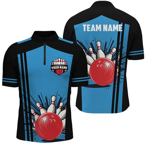 Men's bowling Quarter Zip shirts Custom black and blue retro Bowling Team Jersey, gift for team Bowler NQS7149