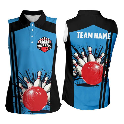 Womens bowling sleeveless polo shirts Custom black and blue retro Bowling Team Jersey, gift for Bowler NQS7149