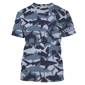 Shark fishing camo UV protection customize name long sleeves fishing shirts UPF 30+, fishing shirt for men, women, kid NQS2190