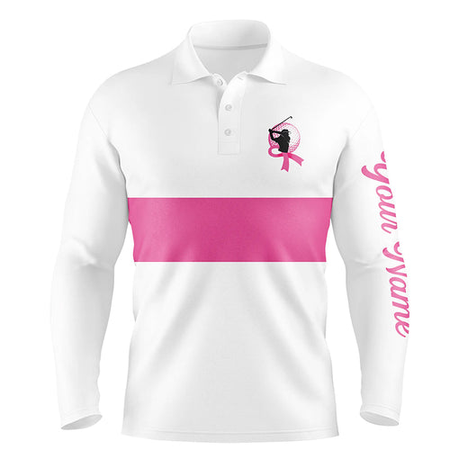 White and pink Breast Cancer Awareness custom Mens golf polo shirts, pink ribbon golf shirts NQS6321