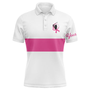 White and pink Breast Cancer Awareness custom Mens golf polo shirts, pink ribbon golf shirts NQS6321