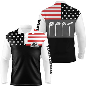 Mens golf polo shirt golf club American flag patriot golf custom name black golf shirt, golfing gift NQS5193