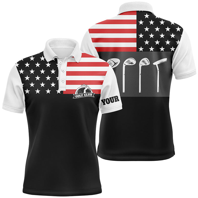 Mens golf polo shirt golf club American flag patriot golf custom name black golf shirt, golfing gift NQS5193