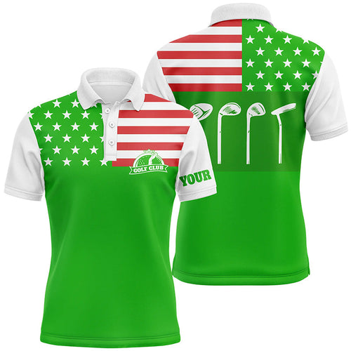 Mens golf polo shirt golf club American flag patriot golf custom name green golf shirt, golfing gift NQS5194