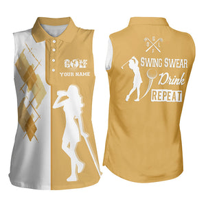 White yellow Womens sleeveless golf polos custom swing swear drink repeat golf beer outfit ladies NQS6560