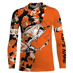 Custom Name bass fishing tattoos Camouflage Orange shirt Performance Fishing Shirt, Bass Fishing Jerseys NQS2479