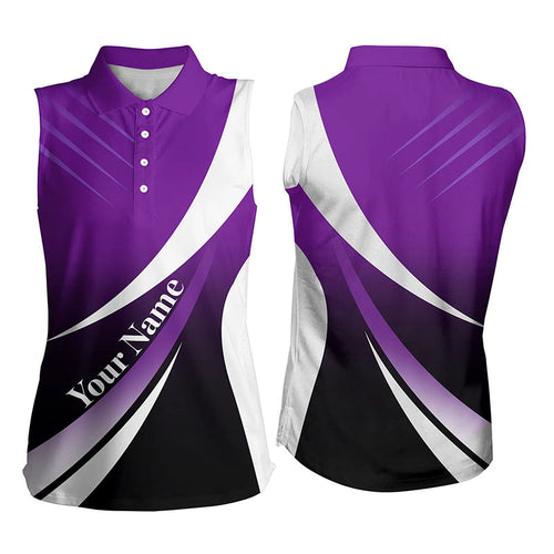 Women sleeveless polo shirt custom name purple and white golf shirt, sleeveless golf tops for ladies NQS5209