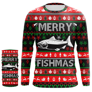 Merry Fishmas funny ugly Christmas salmon fishing shirt UV protection long sleeves UPF 30+ Christmas gift NQS2350