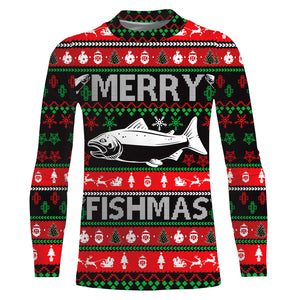 Merry Fishmas funny ugly Christmas salmon fishing shirt UV protection long sleeves UPF 30+ Christmas gift NQS2350