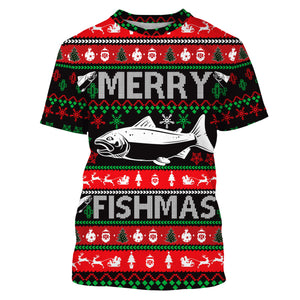 Merry Fishmas funny ugly Christmas salmon fishing shirt UV protection long sleeves UPF 30+ Christmas gift NQS2350