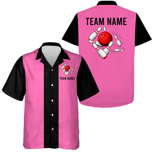 Personalized Pink Black Retro Bowling hawaiian shirts Custom vintage Team button up shirts NQS6568