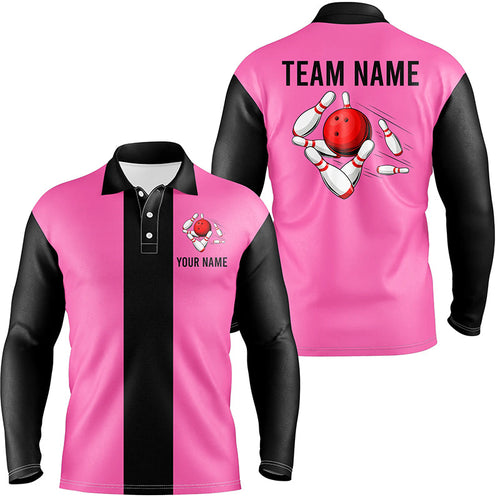 Personalized Pink Black Retro Bowling Polo Shirts For Men custom vintage bowling team jerseys NQS6568