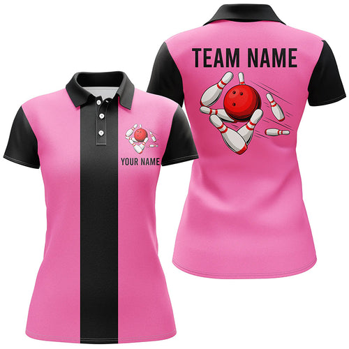 Personalized Pink Black Retro Bowling Polo shirt For women custom vintage bowling team jerseys NQS6568