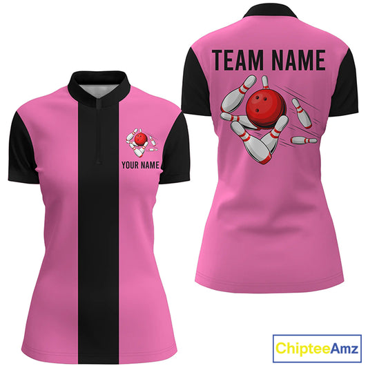 Personalized Pink Black Retro Bowling Quarter Zip shirt For women custom vintage bowling team jerseys NQS6568