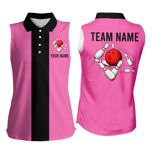 Personalized Pink Black Retro Bowling sleeveless polo shirt For women, vintage bowling team jerseys NQS6568