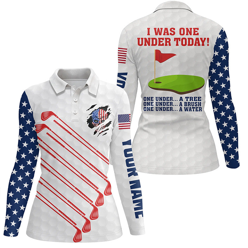 American flag golf clubs custom Womens golf polo shirt I was one under today one under tree bush water NQS6827