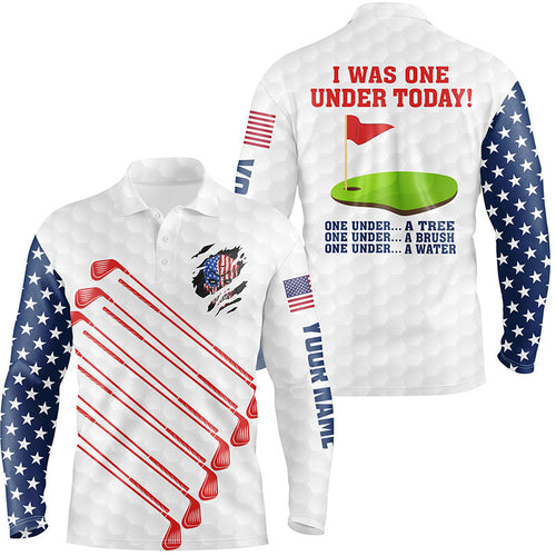 American flag golf clubs custom mens golf polo shirt I was one under today one under a tree bush water NQS6827
