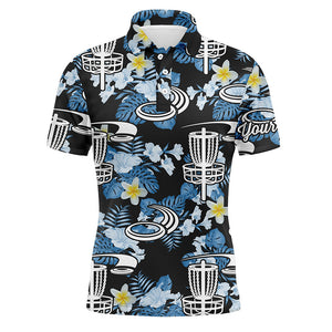 Disc golf hole basket blue leaf flower pattern golf shirt custom name disc golf polo shirts for men NQS4717