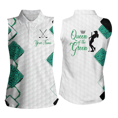 Women's sleeveless golf polo shirt Queen of the green custom funny white and green leopard golf shirt NQS4893