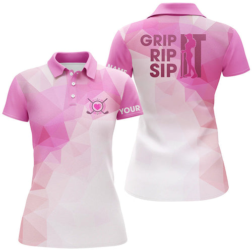 Funny Womens golf polo shirt custom name grip it rip it sip it, golf tops for ladies | Pink NQS5218