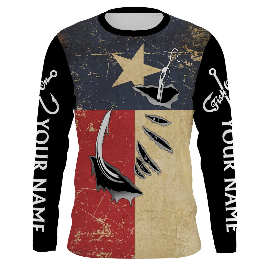 Texas Fishing 3D Fish Hook patriotic fish on UV protection custom name long sleeve fishing apparel NQS3587