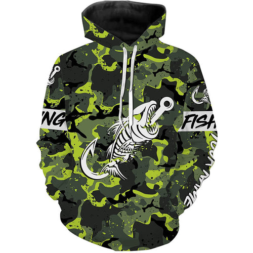 Fish hook skull Green Camo fish reaper Custom name fishing jerseys  | Hoodie - NPQ838