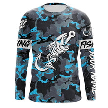 Load image into Gallery viewer, Blue Camo fishing shirt Fish hook skull Custom Name sun protection mens long sleeve fishing shirt NQS3906