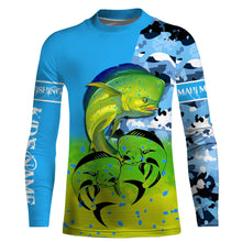 Load image into Gallery viewer, Mahi mahi ( Dorado) fishing blue camouflage Custom Name long sleeves, hooded fishing shirt, Personalized Gifts for Fisherman NQS2936