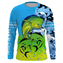 Load image into Gallery viewer, Mahi mahi ( Dorado) fishing blue camouflage Custom Name long sleeves, hooded fishing shirt, Personalized Gifts for Fisherman NQS2936