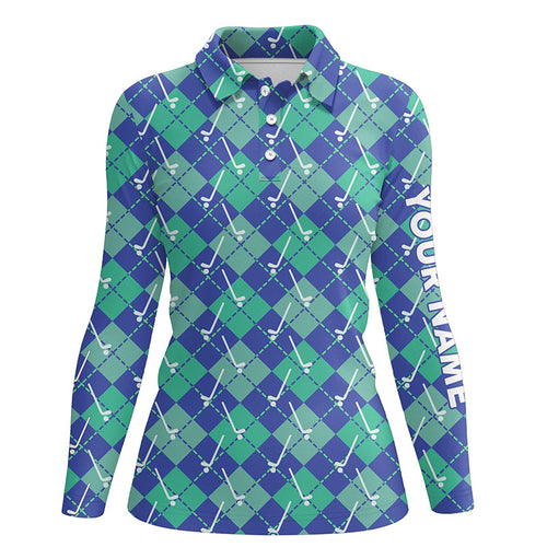 Green Blue argyle plaid pattern golf clubs custom Women golf polo shirt, ladies golf tops NQS6849