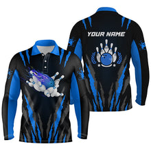 Load image into Gallery viewer, Bowling polo shirts for men custom name Flame Bowling Ball and Pins bowling jerseys | Blue NQS4542