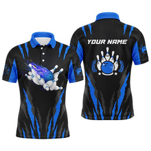 Load image into Gallery viewer, Bowling polo shirts for men custom name Flame Bowling Ball and Pins bowling jerseys | Blue NQS4542