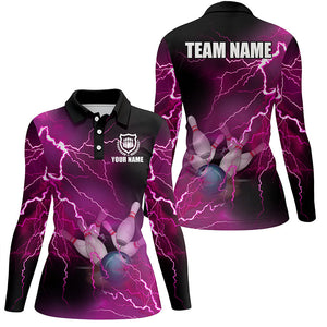 Women bowling polo shirts Custom pink lightning thunder Bowling Team Jersey, gift for team Bowlers NQS6379