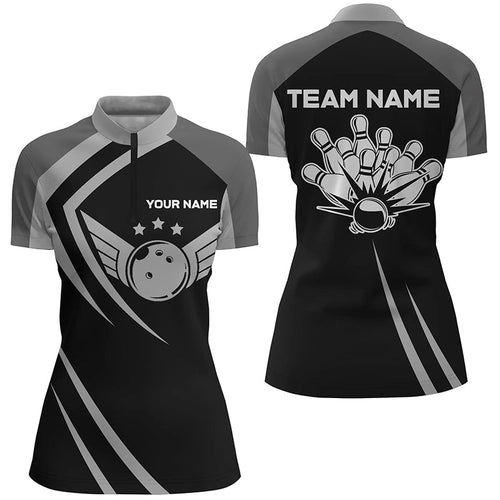 Black retro vintage Bowling Quarter Zip shirts for women custom Bowling team league jerseys NQS6593