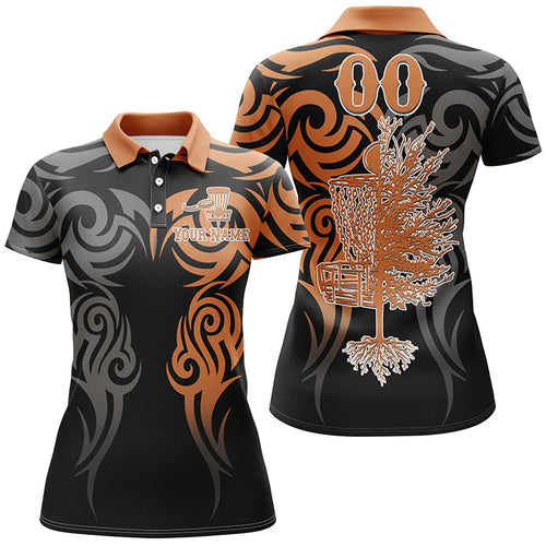 Custom name and number black orange Disc Golf basket tattoo women polo shirts, ladies disc golf shirts NQS5231