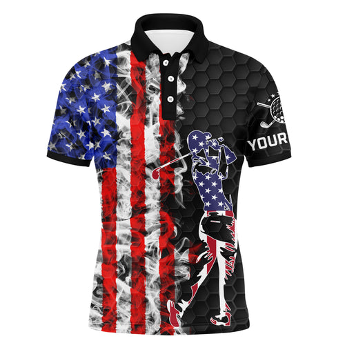 American flag mens black golf polo shirt custom name patriotic unique golf gift ideas for him NQS3474