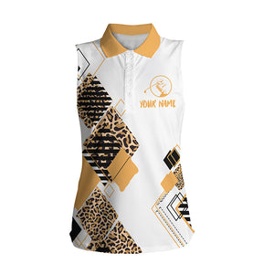 Yellow Women's sleeveless golf polo white shirt leopard pattern custom name golf gift for women NQS3930
