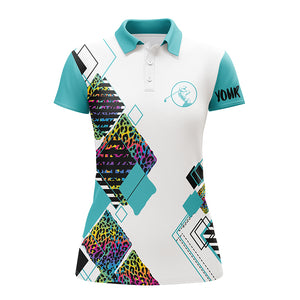Light Blue womens golf polo white shirt colorful leopard pattern custom name golf gift for women NQS3931