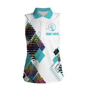 Women's sleeveless golf polo white shirt colorful leopard pattern custom name golf gift for women NQS3931