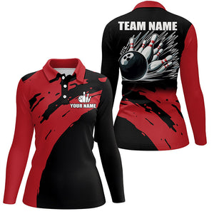 Red and black Womens bowling polo shirts Custom Team bowling jerseys, gift for team ladies bowlers NQS7289