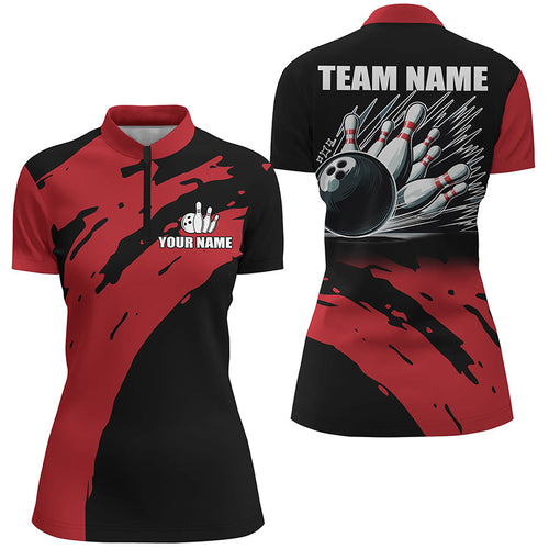 Red and black Womens bowling Quarter Zip shirts Custom Team bowling jerseys, gift for team bowlers NQS7289