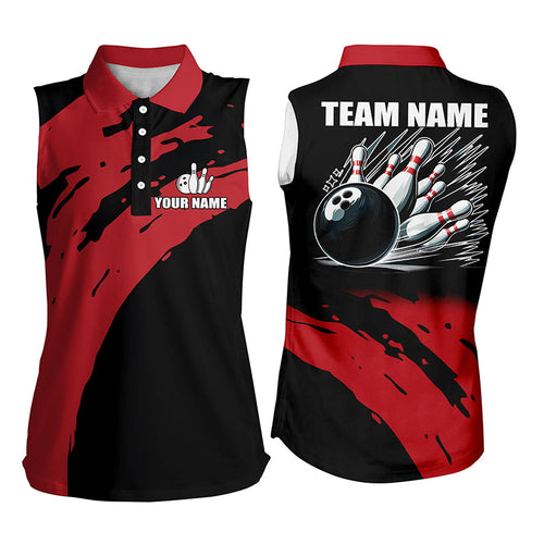 Red and black Womens bowling sleeveless polo shirts Custom Team bowling jerseys, gift for team bowlers NQS7289